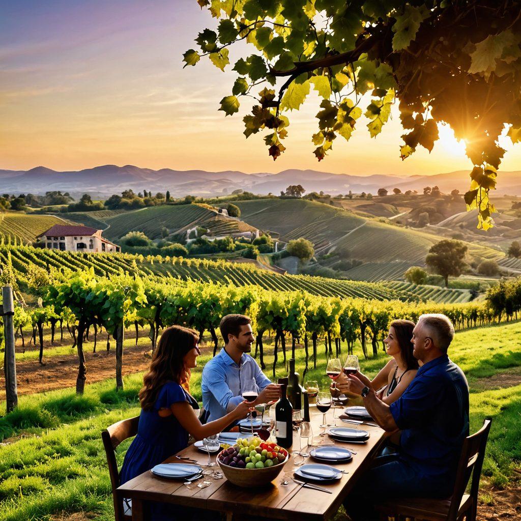 A picturesque vineyard landscape at sunset, with tourists happily exploring the grapevines, wine tasting glasses clinking together, and a rustic winery in the background. Include lush green hills, vibrant grapes hanging, and a table set for a tasting event adorned with various wine bottles and cheese platters. The scene radiates warmth and joy, inviting viewers to experience the beauty of wine exploration. super-realistic. vibrant colors. sunset lighting.