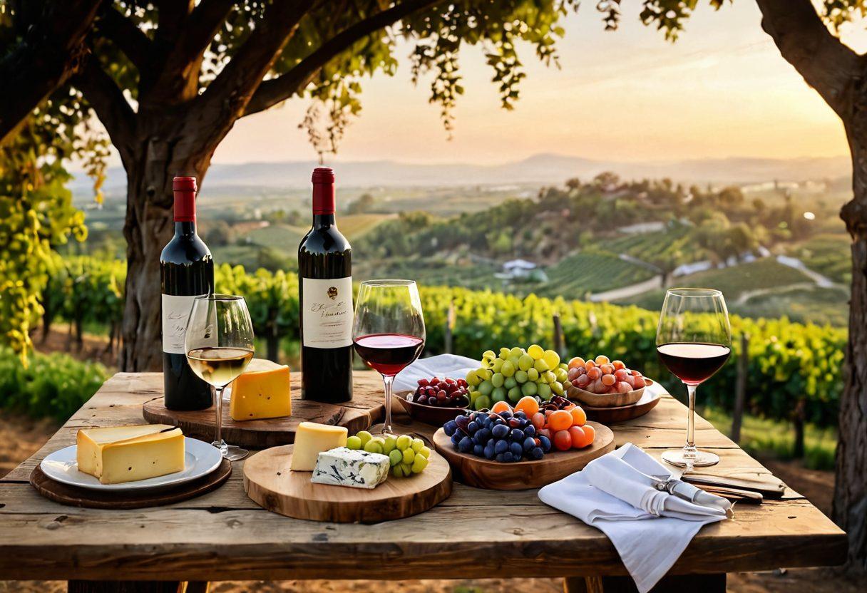 A rustic wooden table adorned with an assortment of local wines in elegant glasses, surrounded by vibrant grapevines and lush vineyards. Include a picturesque sunset backdrop casting warm golden tones over the scene, and a few vintage cheese platters to enhance the celebration atmosphere. Capture the essence of joy and sophistication in savoring local flavors. super-realistic. warm colors. outdoor setting.