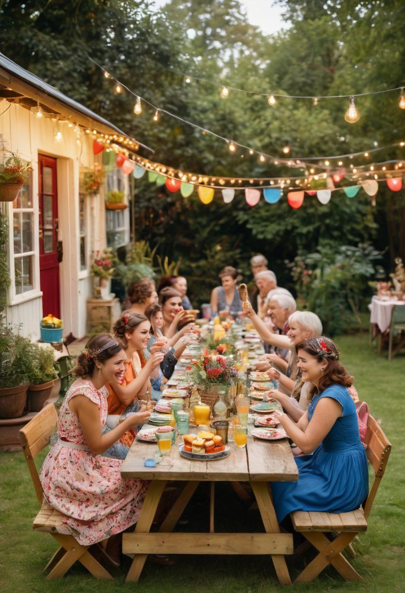 A lively community gathering in a vintage setting, featuring people dressed in retro clothing, sharing food and laughter around a beautifully set picnic table adorned with antique decorations and vintage dishes. Include elements like fairy lights hanging above, colorful bunting, and a cozy atmosphere that encapsulates warmth and joy. Capture the essence of nostalgia and celebration. vibrant colors. painting.